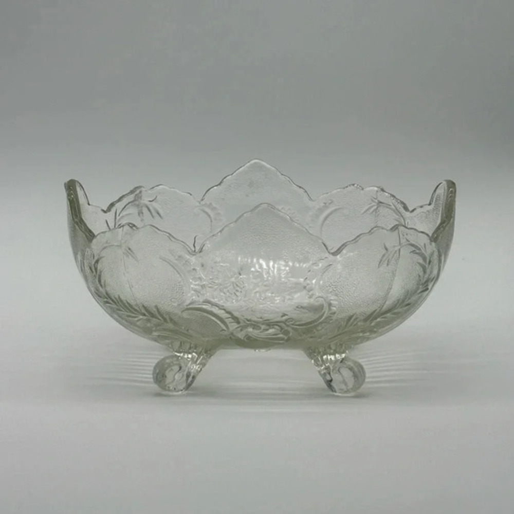 Vintage Clear Glass Fruit Bowl Elegant Floral Pattern Oval Shape Footed Scallop